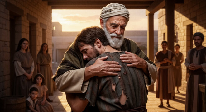 Biblical parable of the prodigal son. Elderly father embracing his returning son in tattered clothes. Scene of forgiveness and family reunion in an ancient village courtyard