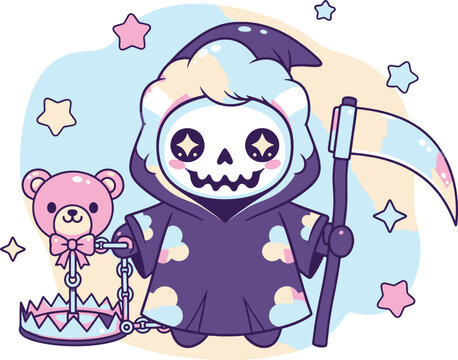 Pastel Goth Kawaii Grim Reaper with a Starry-Eyed Skull, Scythe, and a Teddy Bear Trap.