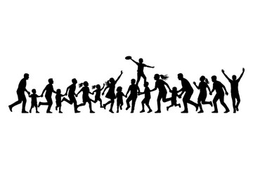 Obraz premium Joyful Silhouette of a Community: A diverse gathering of people, connected by hands, dashes forward in a silhouette, their unified forms embodying the spirit of community.