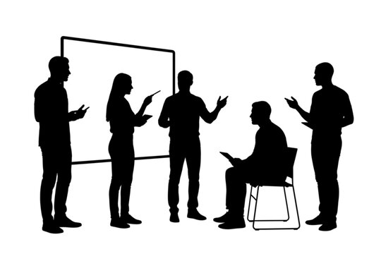 Silhouette of a Business Presentation: A group of individuals silhouetted against a simple backdrop, engaged in a dynamic business presentation or meeting. A concise image for business context.
