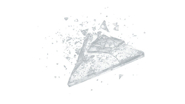 Minimalist shattered glass. Transparent geometric prism explosion with particle debris, broken ice crystal shards on transparent Bg, futuristic 3D render, light scatter, 3D glass shape.
