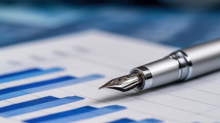Fototapeta premium Close-up of a silver fountain pen resting on a financial graph with blue bars, symbolizing business analysis and investment.