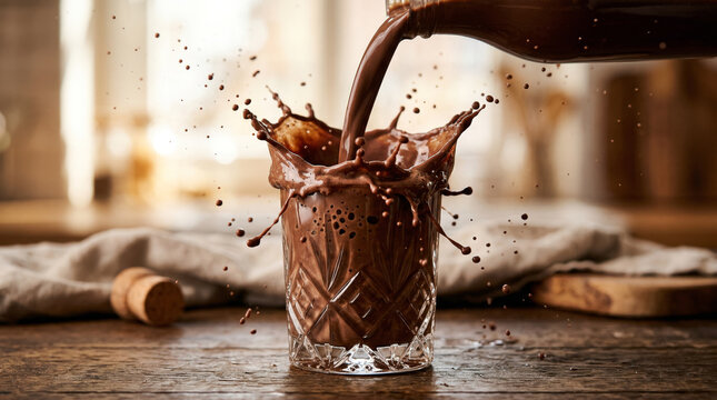 Chocolate Drink Splashing Into A Crystal Glass From Above