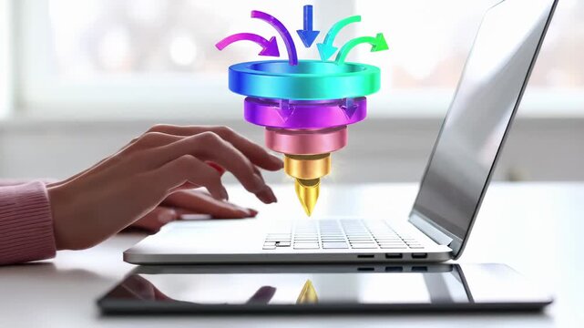 Sales and marketing funnel with layered stages and arrows above laptop keyboard. Digital lead conversion pipeline and customer acquisition strategy for business growth and revenue optimization