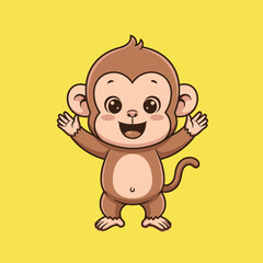 Fototapeta premium A joyful cartoon baby monkey with a big smile, standing and waving its hands.