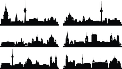 Vector set of Berlin city skyline silhouettes featuring Fernsehturm TV Tower and Berlin Cathedral icons for travel and tourism design © IconicCreations
