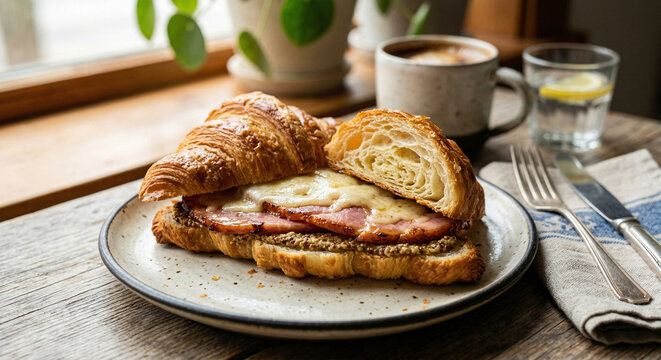 Butter croissant with ham and gruyere on ceramic plate
