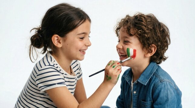 Italian Children Face Painting Flag Happy Playful Studio Scene