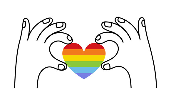 Vector illustration in flat simple linear style - hand and pride LGBT rainbow heart -pride month love concept, Icon and symbol for sticker,  t-shirt print and logo design template