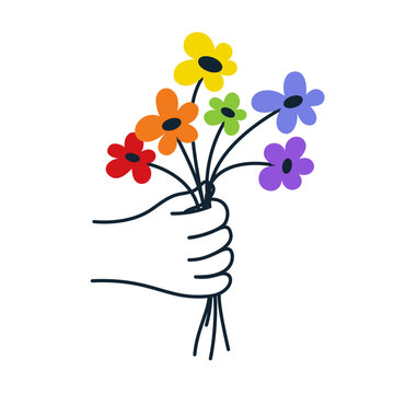 Vector illustration in flat simple linear style - hand and pride LGBT rainbow heart -pride month love concept, Icon and symbol for sticker,  t-shirt print and logo design template