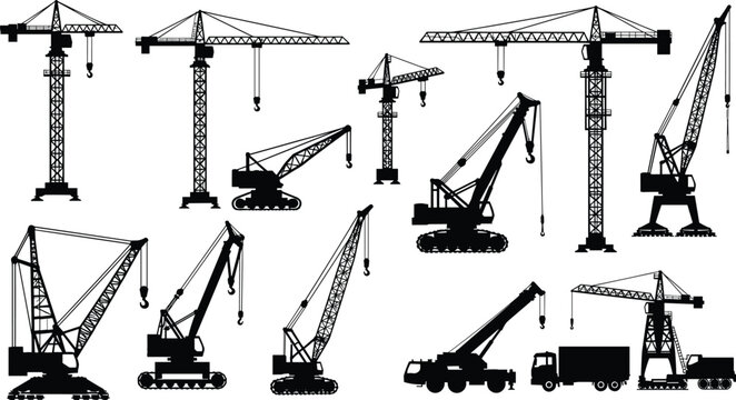 Vector set of construction crane silhouettes featuring tower cranes mobile crawler cranes and heavy lifting machinery for industrial building projects