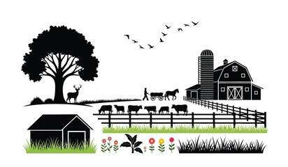 A peaceful rural scene depicts a farm with a barn grazing cows a deer and a horse drawn carriage all in silhouette high quality © Thysl2000