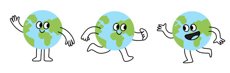 Fototapeta premium Vector illustration in flat linear minimal hand drawn simple style and logo design template, ecology concept, funny friendly planet earth mascot