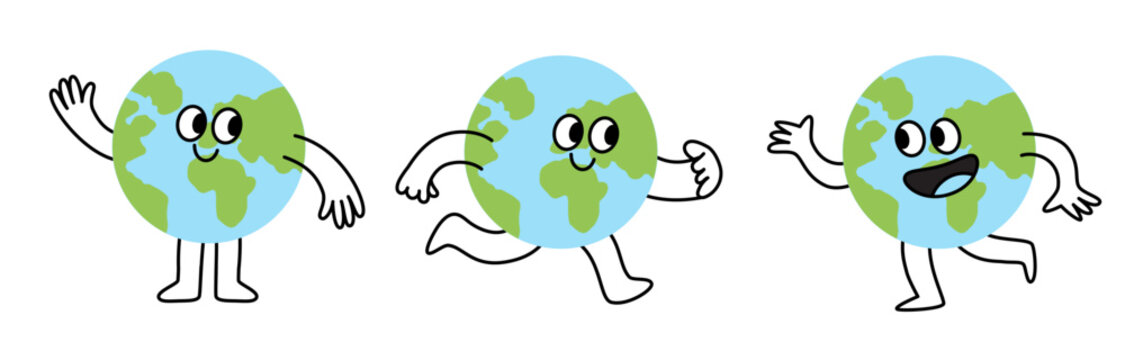 Vector illustration in flat linear minimal hand drawn simple style and logo design template, ecology concept, funny friendly planet earth mascot