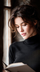 Fototapeta premium Young woman finding deep relaxation and practicing a digital detox, deeply immersed in reading a physical book, enjoying a tranquil and serene moment for self care and mental well being