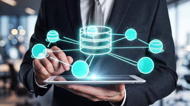Database network with connected nodes rising from tablet held by business executive. Cloud data infrastructure and server topology for enterprise storage management and digital system connectivity