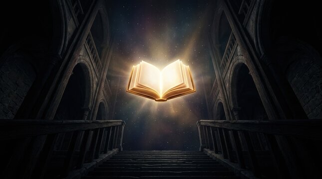 Viewed from below, a book appears elevated and radiant, symbolizing knowledge, inspiration, and the power of education in shaping