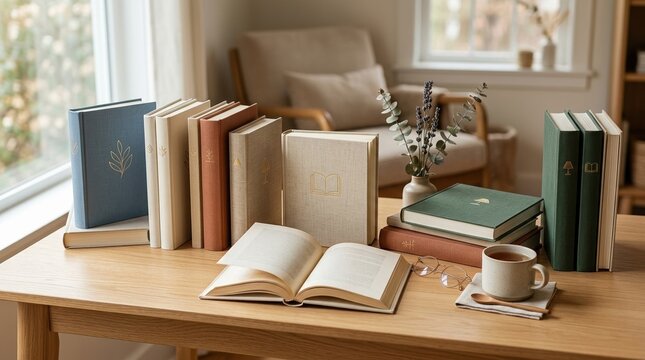 At soft daylight, a minimalist book banner glows across a clean surface, expressing reading, knowledge, and inspiration, where