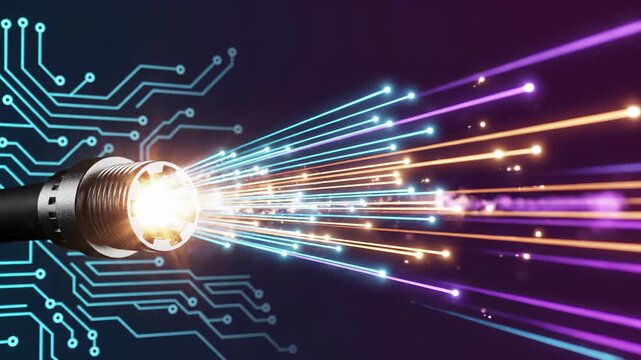 Fiber optic cable connector transmitting speed data streams across digital circuit network. Broadband internet infrastructure and telecommunication technology for fast global connectivity