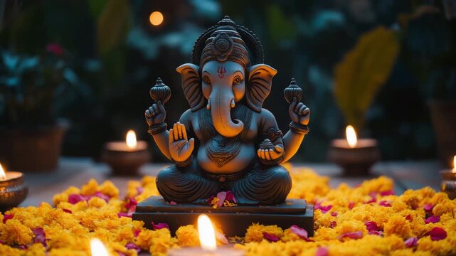 Ganesha statue decorated with flowers and candles