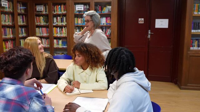 Senior professor teaching a lesson to a diverse group of college students in a library. Multiethnic young people learning and taking notes
