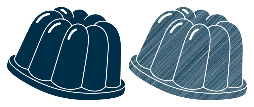 Two stylized desserts, one solid blue and one hatched blue, shaped like fluted gelatin molds.