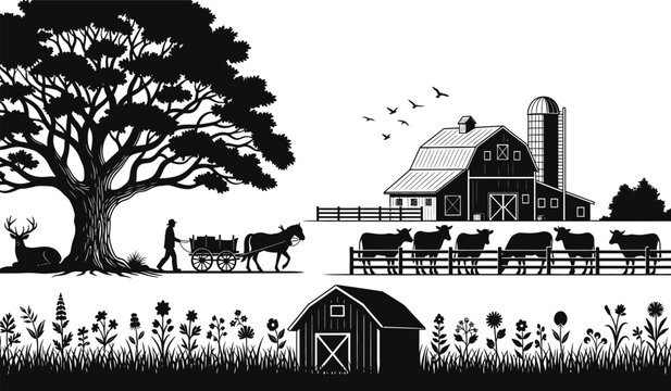 A striking black and white illustration depicts a rural landscape featuring a barn grazing cows and a horse drawn cart presented as a silhouette