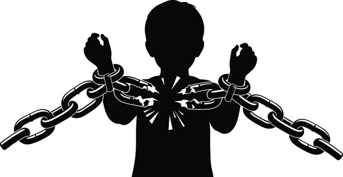 Silhouette of a person bound by heavy chains across their arms symbolizing restriction