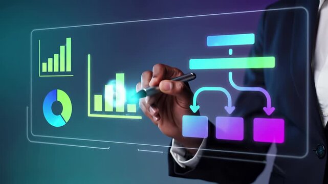 Business analytics dashboard with bar charts pie graph and workflow diagram. Data visualization tools for performance tracking and corporate decision making in modern digital interface