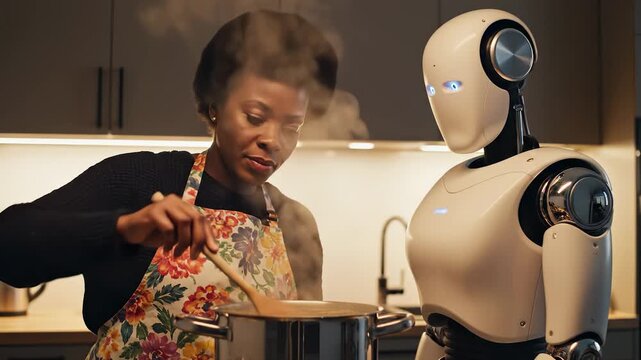 Woman cooks with robot assistant stirring pot in kitchen. Chef teaches android while cooking meal together. Woman prepares food with robot. Humanoid assists cooking in modern kitchen setup.