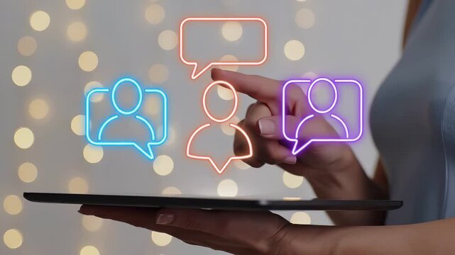Finger touching digital user profile icons with speech bubbles above tablet device. Social media network communication and online community engagement for customer interaction and marketing