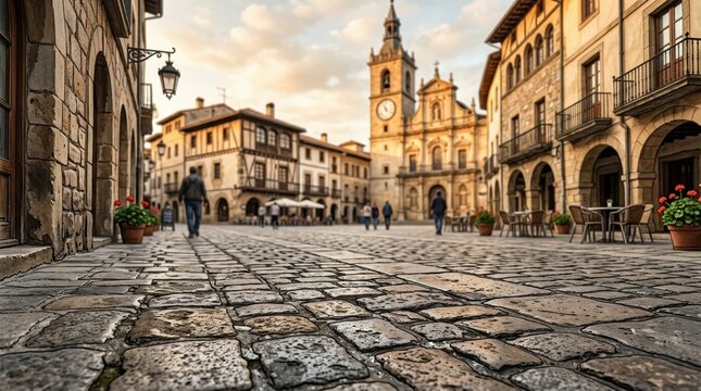 Close-up of a stone-paved old town square highlights textured ground surfaces leading toward historic facades and buildings,