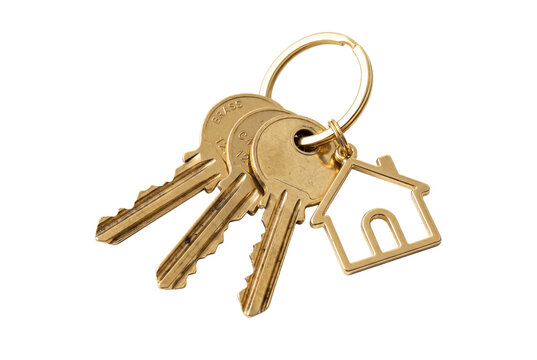 Three brass house keys on a metal ring with a house-shaped keychain, isolated on a white background.