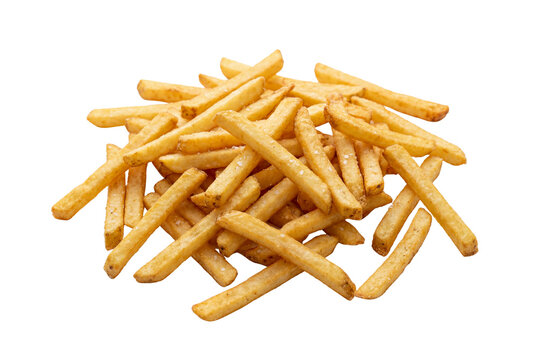 Pile of crispy golden French fries sprinkled with sea salt isolated on a white background
