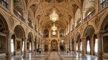 Fototapeta premium A wide symmetrical view of a palace interior hall reveals grand architectural proportions, decorative patterns, and elegant