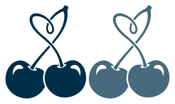 Two stylized cherries with intertwined stems forming a heart shape, symbolizing love and connection.
