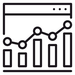 Business data analysis dashboard vector icon featuring a bar chart and line graph inside a web browser window, minimalist black line illustration for financial reporting and web analytics. © Mehwish