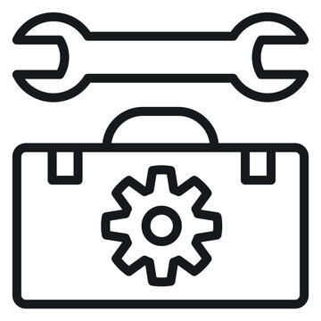Black line art vector icon illustration of a toolbox with a gear symbol and a double-ended wrench above it, representing maintenance, repair services, technical support, and industrial tools.