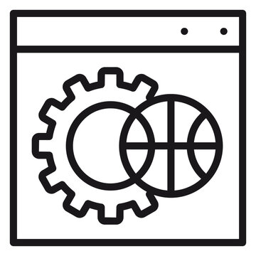 Black Line Vector Icon Illustration of a Browser Window with a Gear and Globe Symbol Representing Global Web Development, Internet Configuration, SEO, and International Website Management.