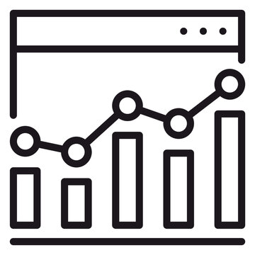 Business data analysis dashboard vector icon featuring a bar chart and line graph inside a web browser window, minimalist black line illustration for financial reporting and web analytics.