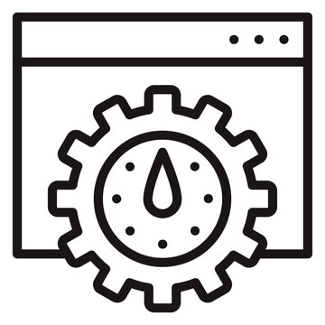 Website performance optimization vector icon featuring a browser window with a gear and speedometer symbol, representing technical SEO, page speed, and web development settings illustration