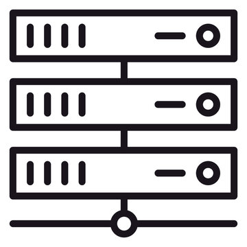 Server rack vector icon illustration with three stacked units connected to a network line, symbolizing data center hosting, cloud computing, database storage, and IT infrastructure systems.
