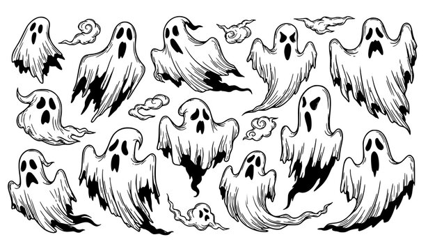 Creative ghost collection spooky flying phantoms horror halloween black and white vector illustration set isolated on white background