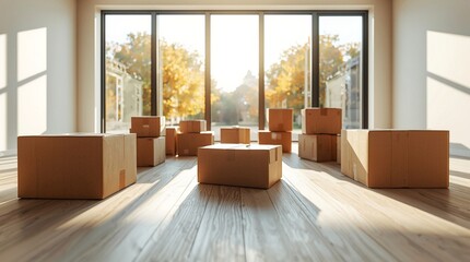 Fototapeta premium Sunlit empty apartment with packed cardboard moving boxes on wooden floor beside large windows, suggesting relocation, new home setup, and home staging in autumn