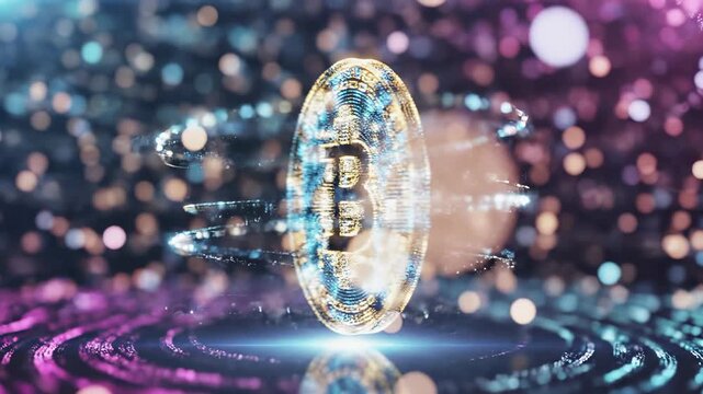 Digital bitcoin cryptocurrency coin with circuit board pattern and blockchain data rings in glowing particle. Crypto currency investment and decentralized finance technology for modern trading market