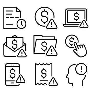 Financial warning symbol pack, alert icons on documents and money, technology risk graphics, banking security indicators, fraud prevention signs, digital finance elements