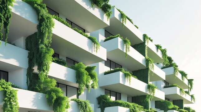 Modern white apartment building with stacked balconies covered in lush green vines and vertical gardens, showcasing sustainable biophilic architecture