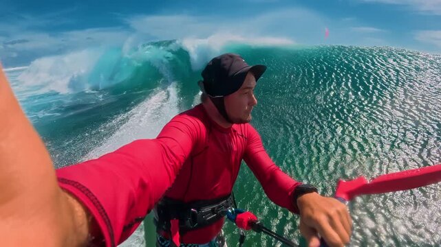 A male kitesurfer in a red sweater and sunhat films himself riding a huge ocean wave. Extreme sports