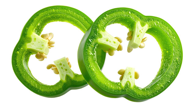 Sliced green peppers reveal white pith and seeds against a dark backdrop
