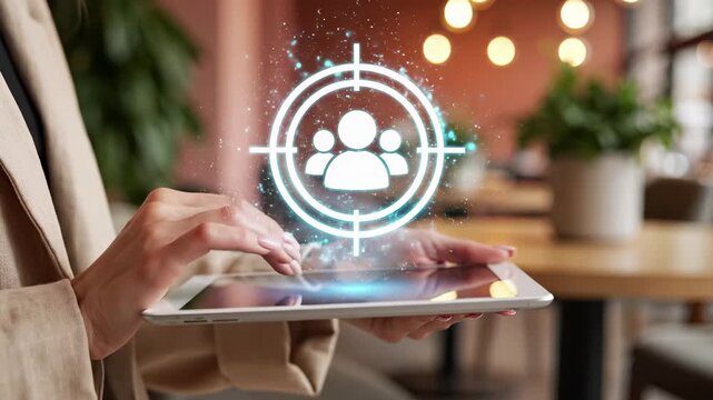 Digital target audience above tablet in marketing strategy session. Customer segmentation and user engagement tracking for business advertising campaign and consumer outreach